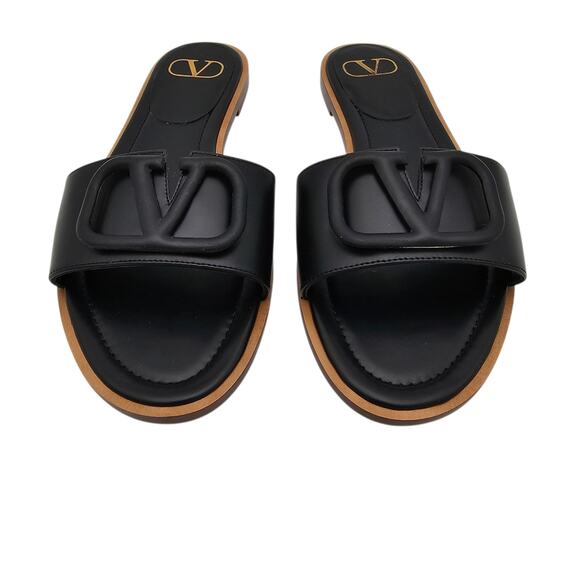 Valentino Garavani VLogo V Logo Flat Slide Sandal Black Leather Size 39 US 9 - Picture 4 of 12